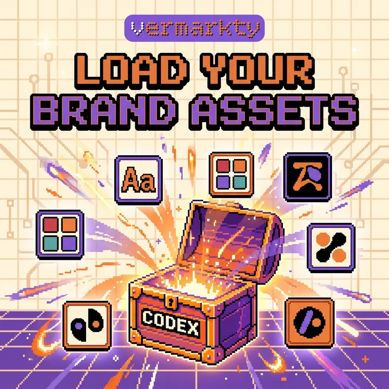 Pixel-art treasure chest bursting open, ringed by tiles for fonts, color swatches and logos, under the words Load Your Brand Assets.