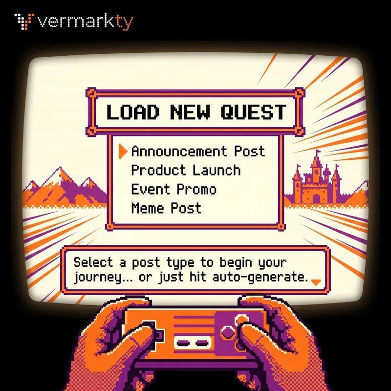 A retro game-console screen headed Load New Quest, listing post types — announcement, product launch, event promo, meme — with pixel hands on a gamepad below.